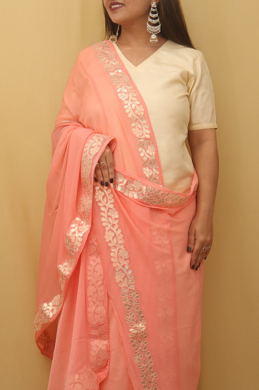 Peach Gota Patti Chiffon Dupatta - Elegant & Stylish - Luxurion World