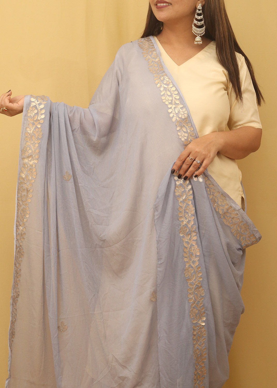 Grey Gota Patti Work Chiffon Dupatta - Luxurion World