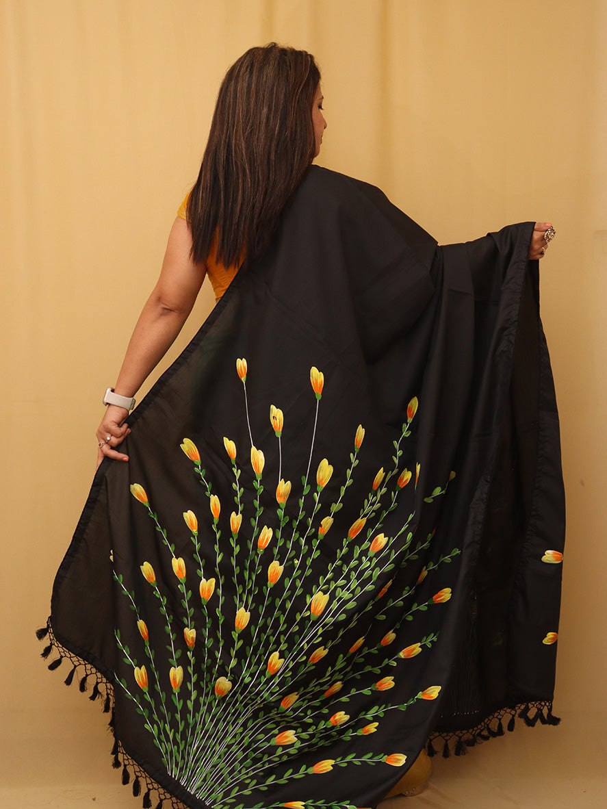 Black Hand Painted Recycled Fabric Dupatta - Luxurion World