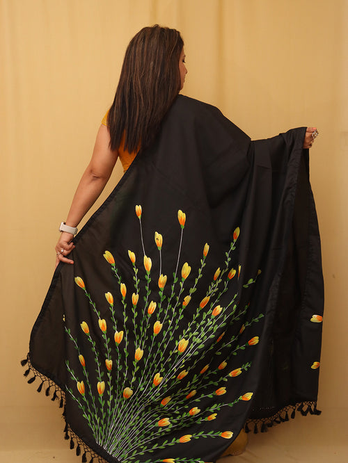 Black Hand Painted Recycled Fabric Dupatta - Luxurion World