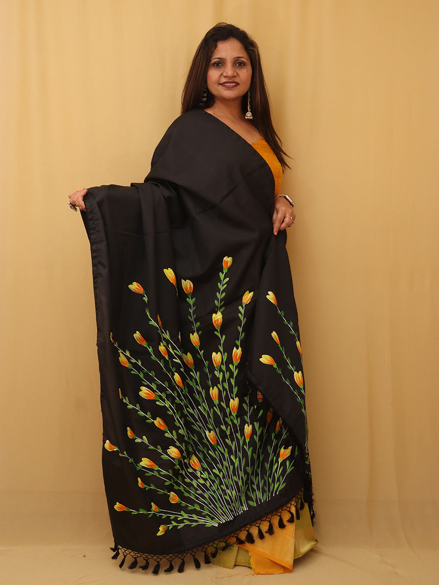 Black Hand Painted Recycled Fabric Dupatta - Luxurion World
