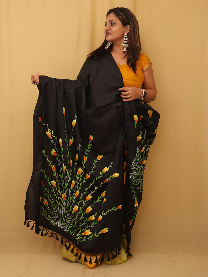 Black Hand Painted Recycled Fabric Dupatta - Luxurion World