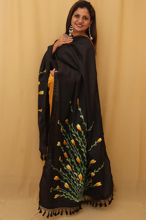 Black Hand Painted Recycled Fabric Dupatta - Luxurion World