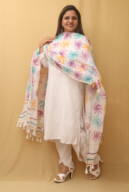 White Hand Painted Kota Dupatta - Luxurion World