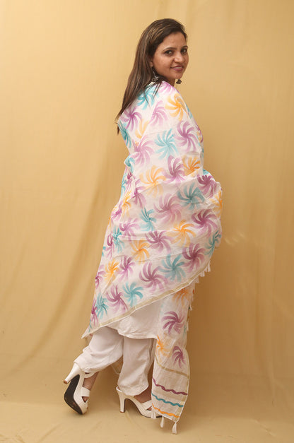 White Hand Painted Kota Dupatta - Luxurion World