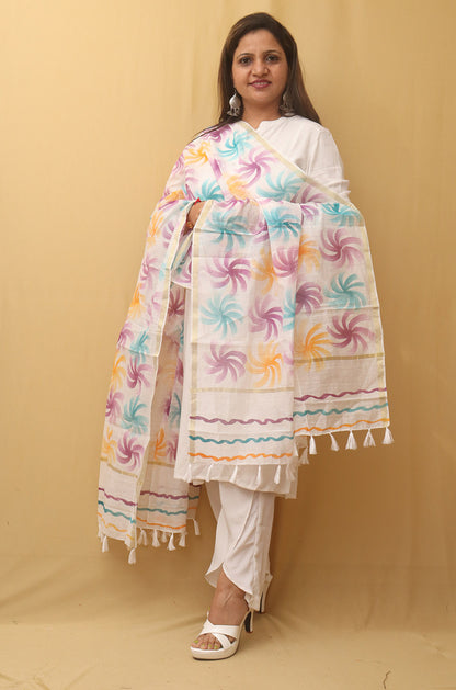 White Hand Painted Kota Dupatta - Luxurion World