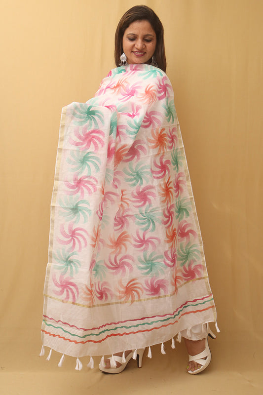 White Hand Painted Kota Dupatta - Luxurion World