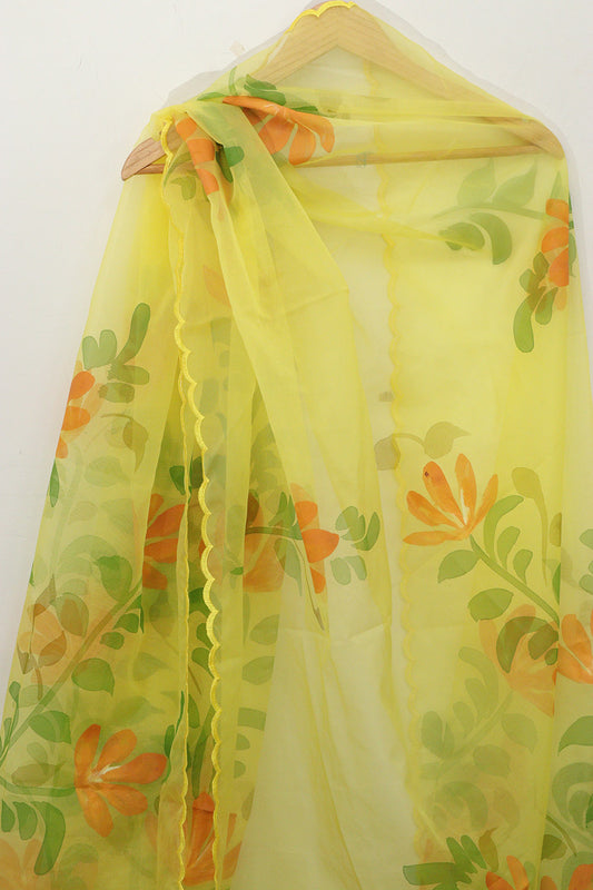 Exquisite Yellow Hand Painted Silk Dupatta with Scalloped Border