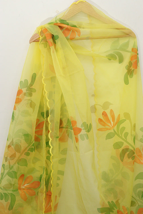 Exquisite Yellow Hand Painted Silk Dupatta with Scalloped Border - Luxurion World