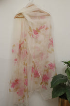 Exquisite Off White Hand Painted Organza Silk Scalloped Border Dupatta - Luxurion World