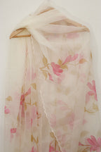Exquisite Off White Hand Painted Organza Silk Scalloped Border Dupatta - Luxurion World