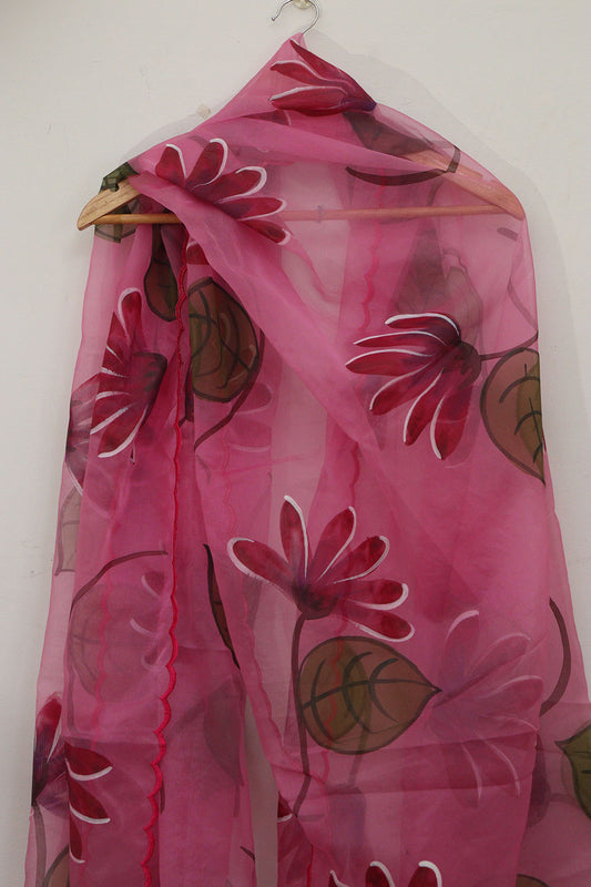 Exquisite Pink Hand Painted Silk Dupatta with Scalloped Border
