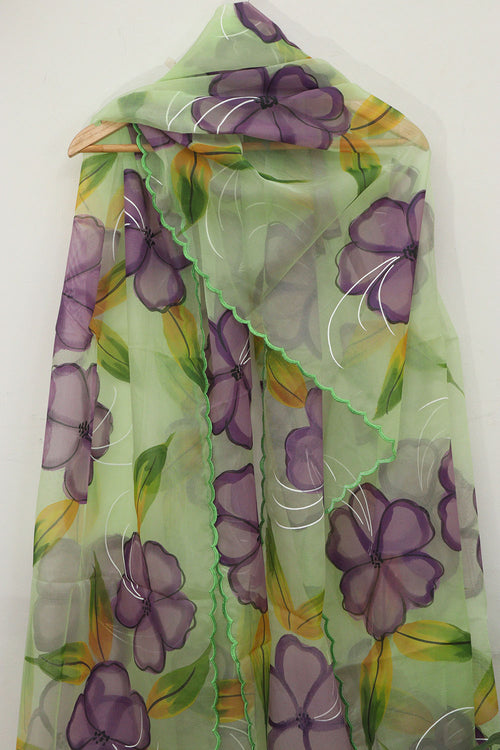 Exquisite Green Hand Painted Organza Silk Scalloped Border Dupatta - Luxurion World