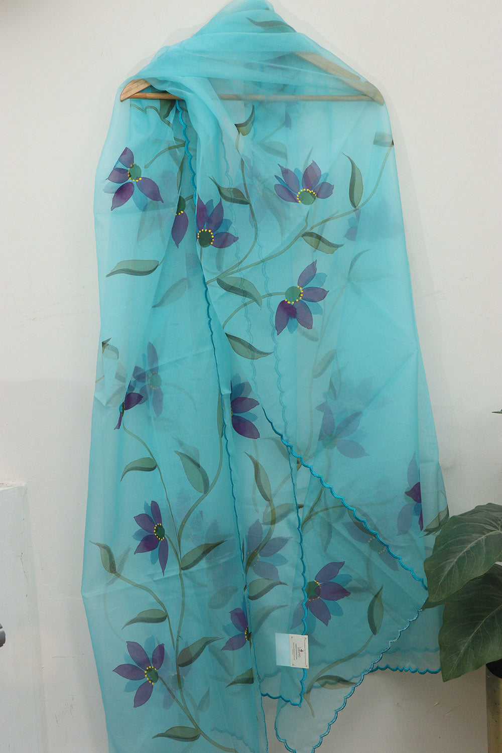 Blue Hand Painted Organza Silk Scalloped Border Dupatta - Luxurion World