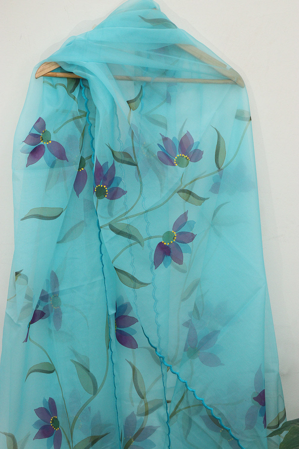 Blue Hand Painted Organza Silk Scalloped Border Dupatta - Luxurion World