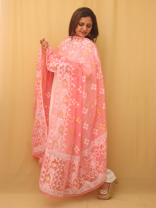 Pink Jamdani Cotton Silk Dupatta - Luxurion World
