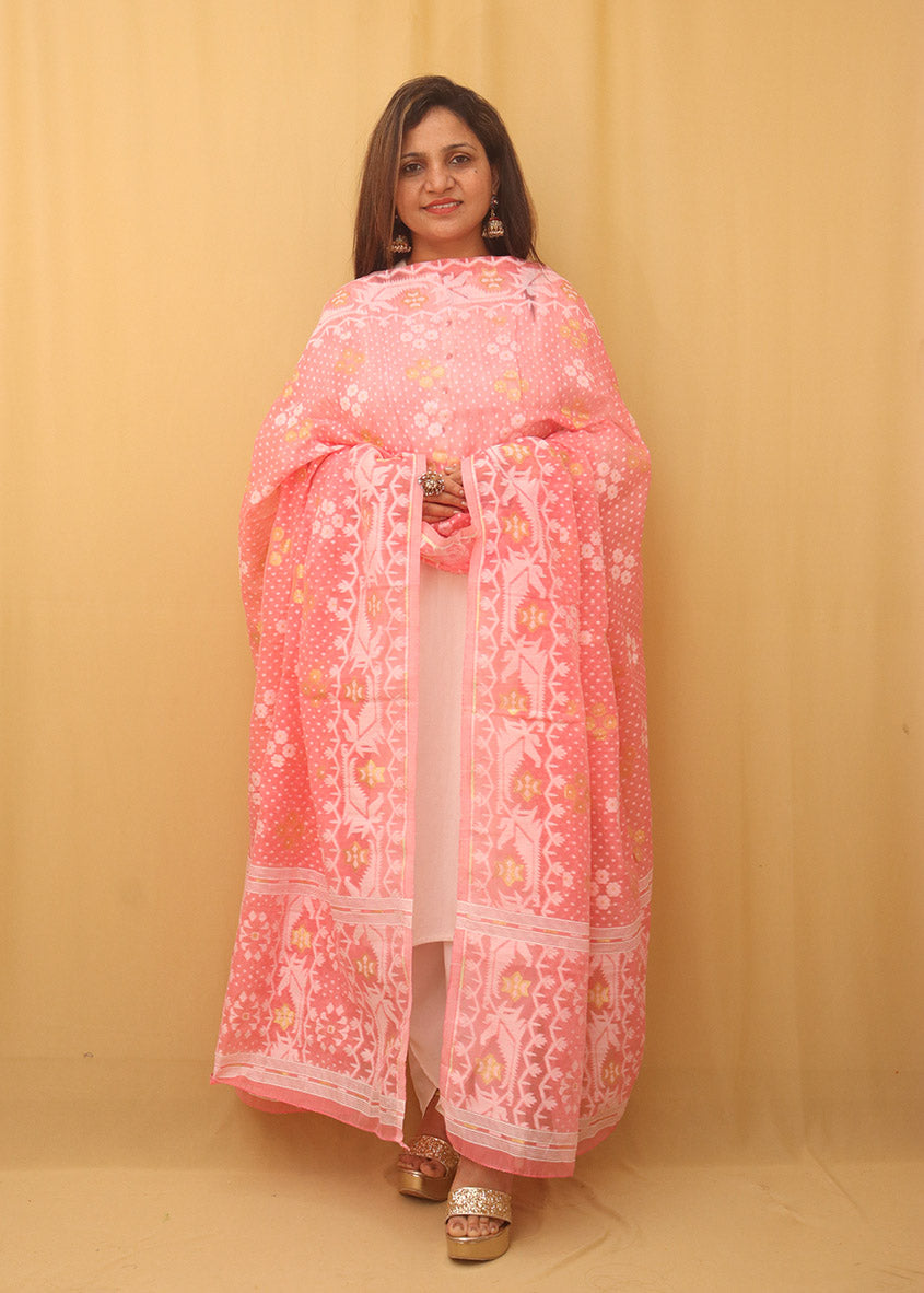 Pink Jamdani Cotton Silk Dupatta - Luxurion World