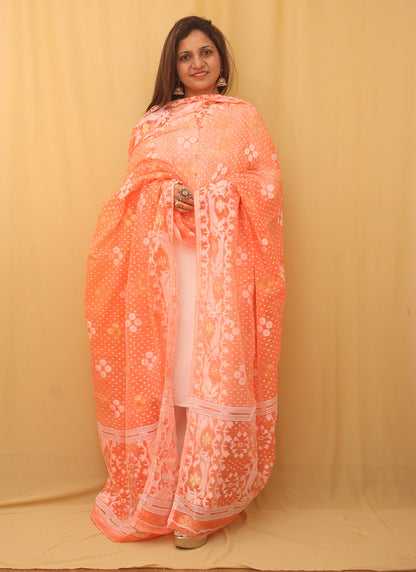 Orange Jamdani Cotton Silk Dupatta - Luxurion World