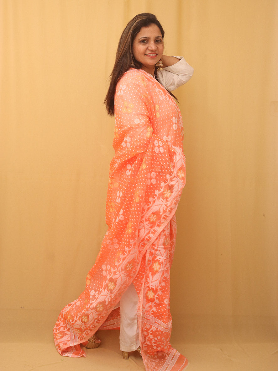 Orange Jamdani Cotton Silk Dupatta - Luxurion World