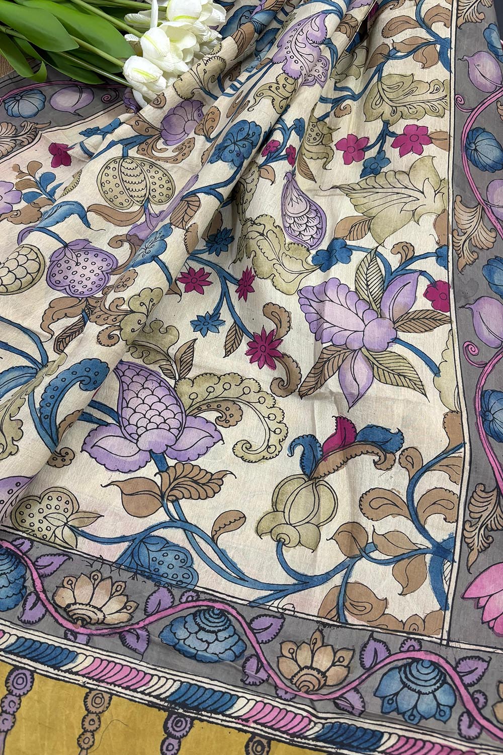 Exquisite Multicolor Kalamkari Hand Painted Pure Bangalore Silk Dupatta - Luxurion World