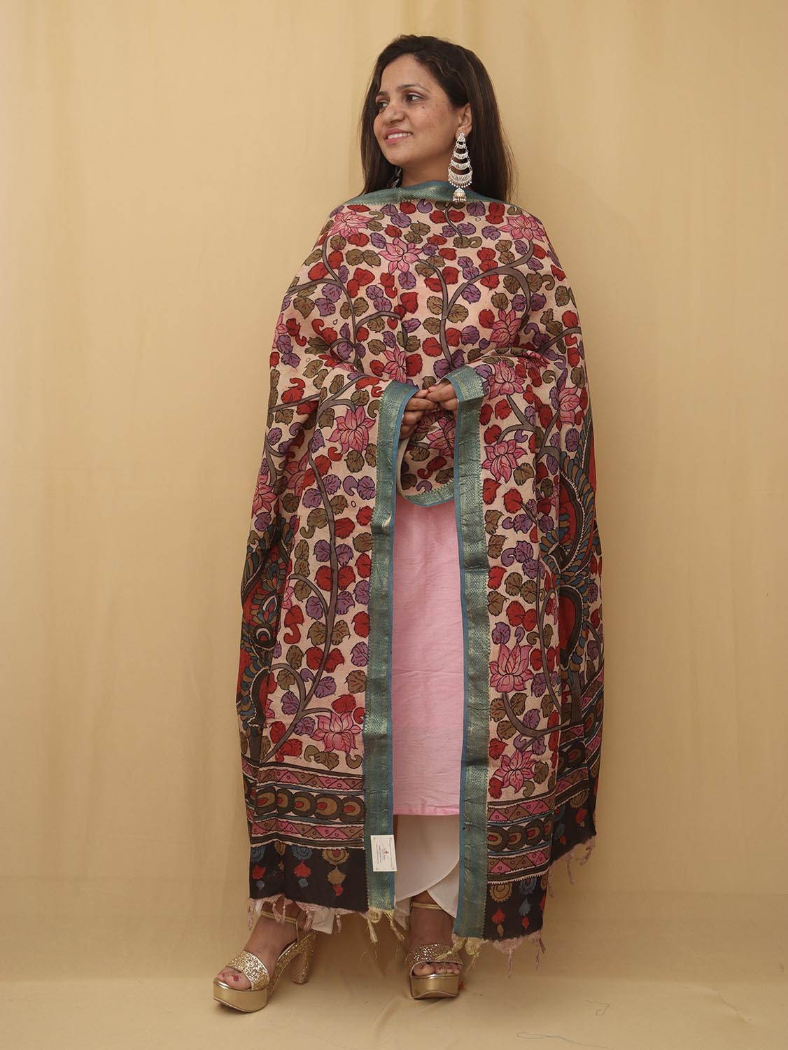 Stunning Multicolor Kalamkari Silk Dupatta with Pen Work