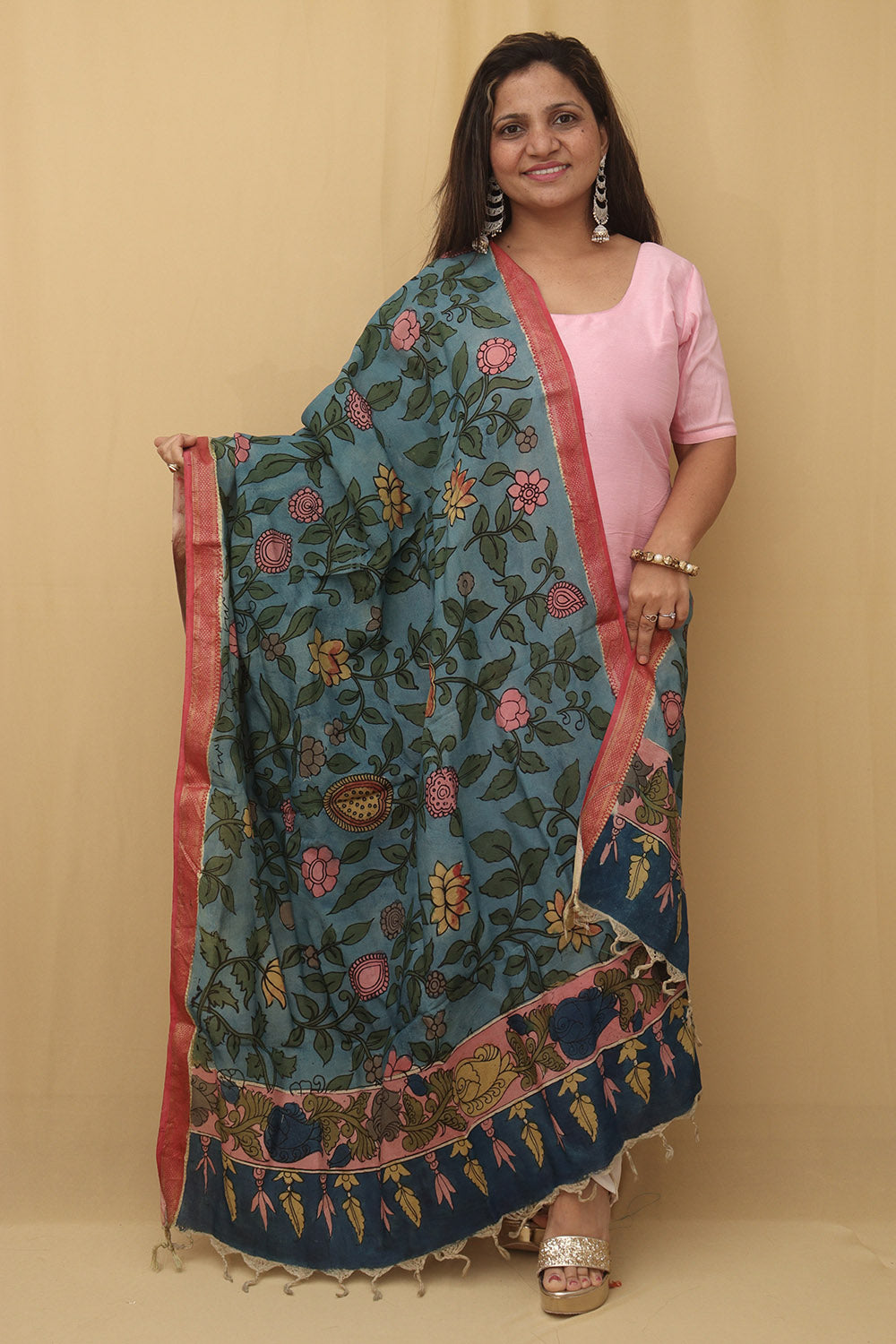 Stunning Blue Pen Kalamkari Pure Silk Dupatta - Perfect for Any Occasion! - Luxurion World