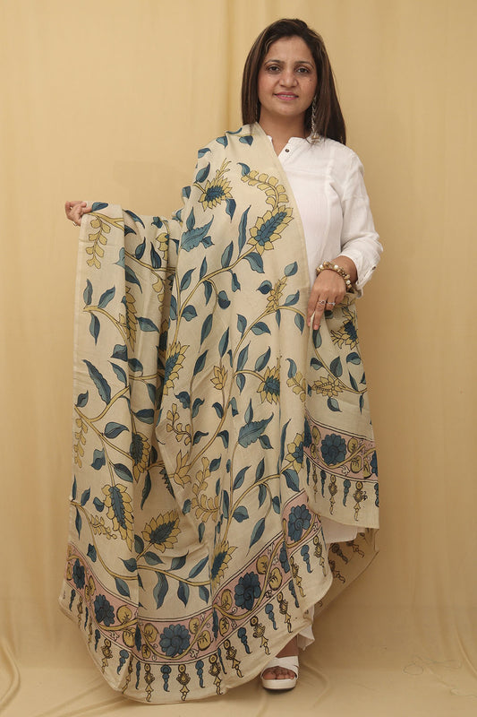 Stunning Off White Kalamkari Pure Silk Dupatta for Elegant Look - Luxurion World