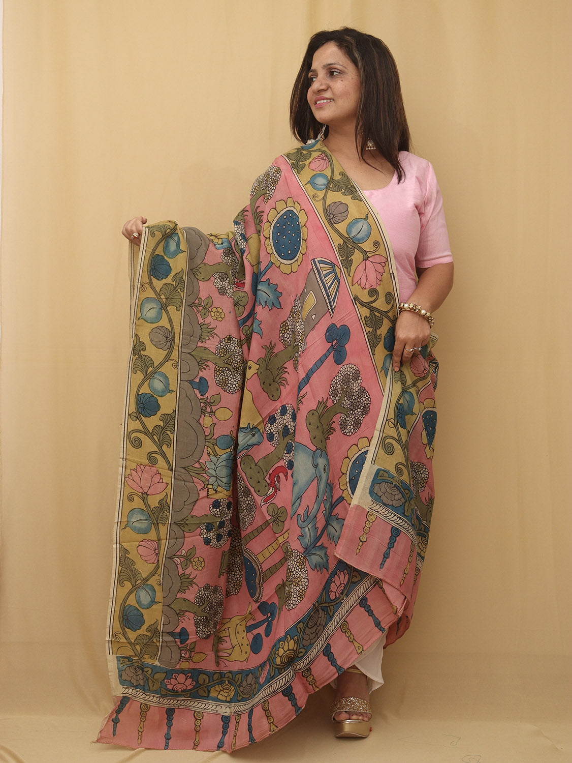 Stunning Pink Pen Kalamkari Pure Silk Dupatta - Perfect Accessory! - Luxurion World
