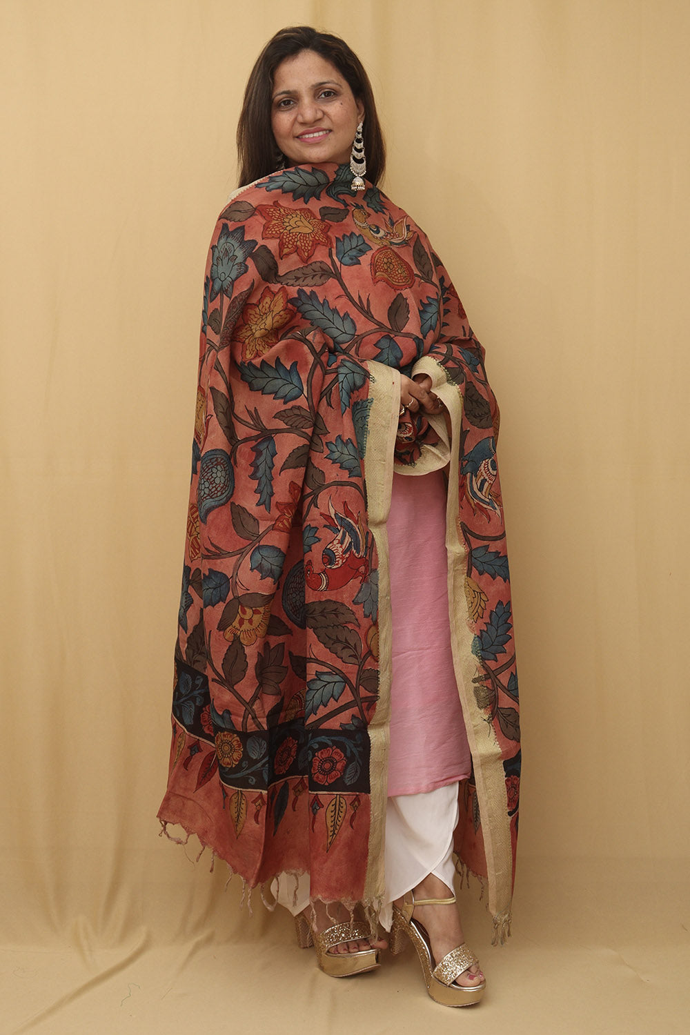 Stunning Red Pen Kalamkari Pure Silk Dupatta - Perfect for Any Occasion! - Luxurion World