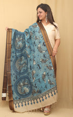 Blue Kalamkari Hand Painted Pure Bangalore Silk Dupatta - Luxurion World