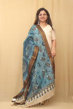 Blue Kalamkari Hand Painted Pure Bangalore Silk Dupatta - Luxurion World