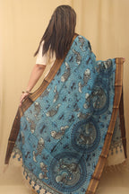 Blue Kalamkari Hand Painted Pure Bangalore Silk Dupatta - Luxurion World