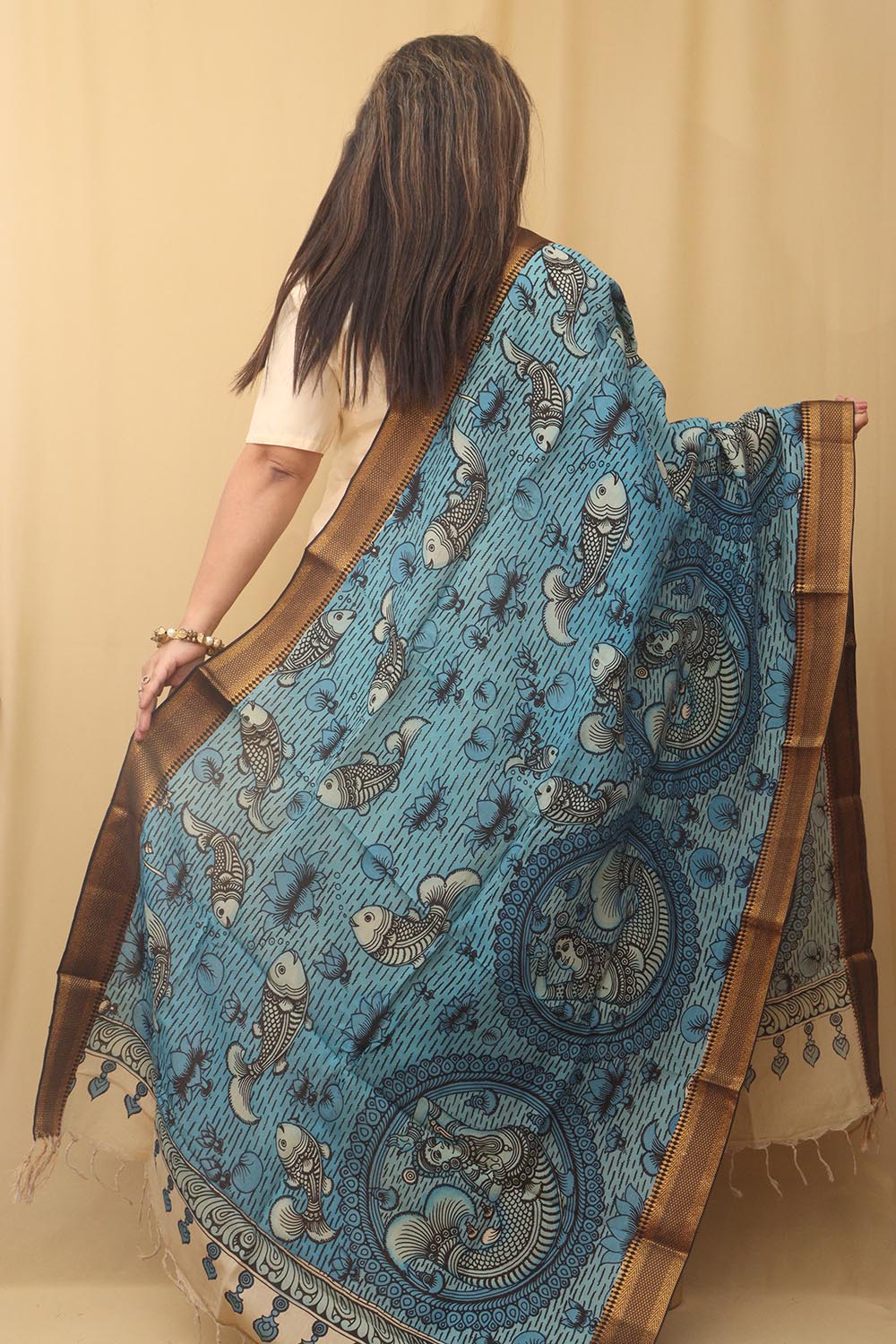 Blue Kalamkari Hand Painted Pure Bangalore Silk Dupatta - Luxurion World