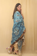 Blue Kalamkari Hand Painted Pure Bangalore Silk Dupatta - Luxurion World