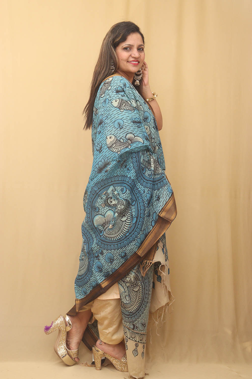 Blue Kalamkari Hand Painted Pure Bangalore Silk Dupatta - Luxurion World