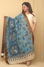 Blue Kalamkari Hand Painted Pure Bangalore Silk Dupatta - Luxurion World