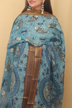 Blue Kalamkari Hand Painted Pure Bangalore Silk Dupatta - Luxurion World