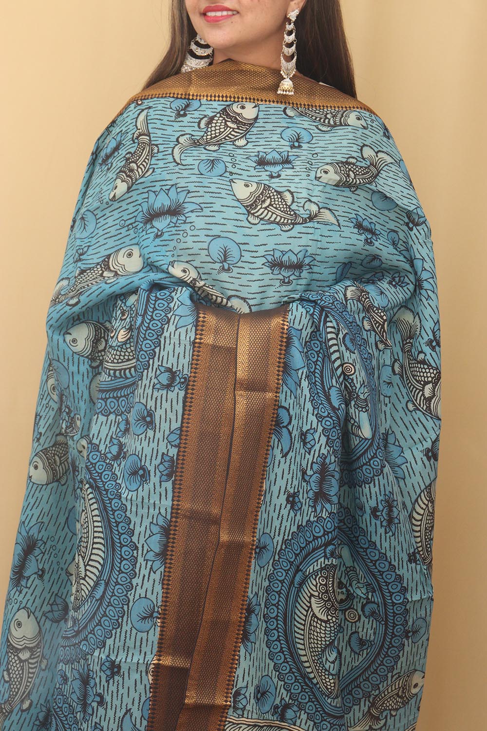 Blue Kalamkari Hand Painted Pure Bangalore Silk Dupatta - Luxurion World