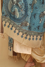Blue Kalamkari Hand Painted Pure Bangalore Silk Dupatta - Luxurion World
