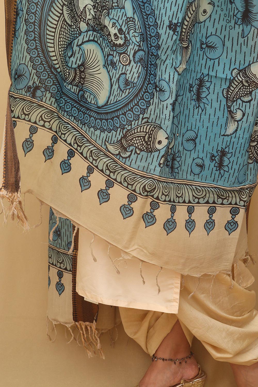 Blue Kalamkari Hand Painted Pure Bangalore Silk Dupatta - Luxurion World