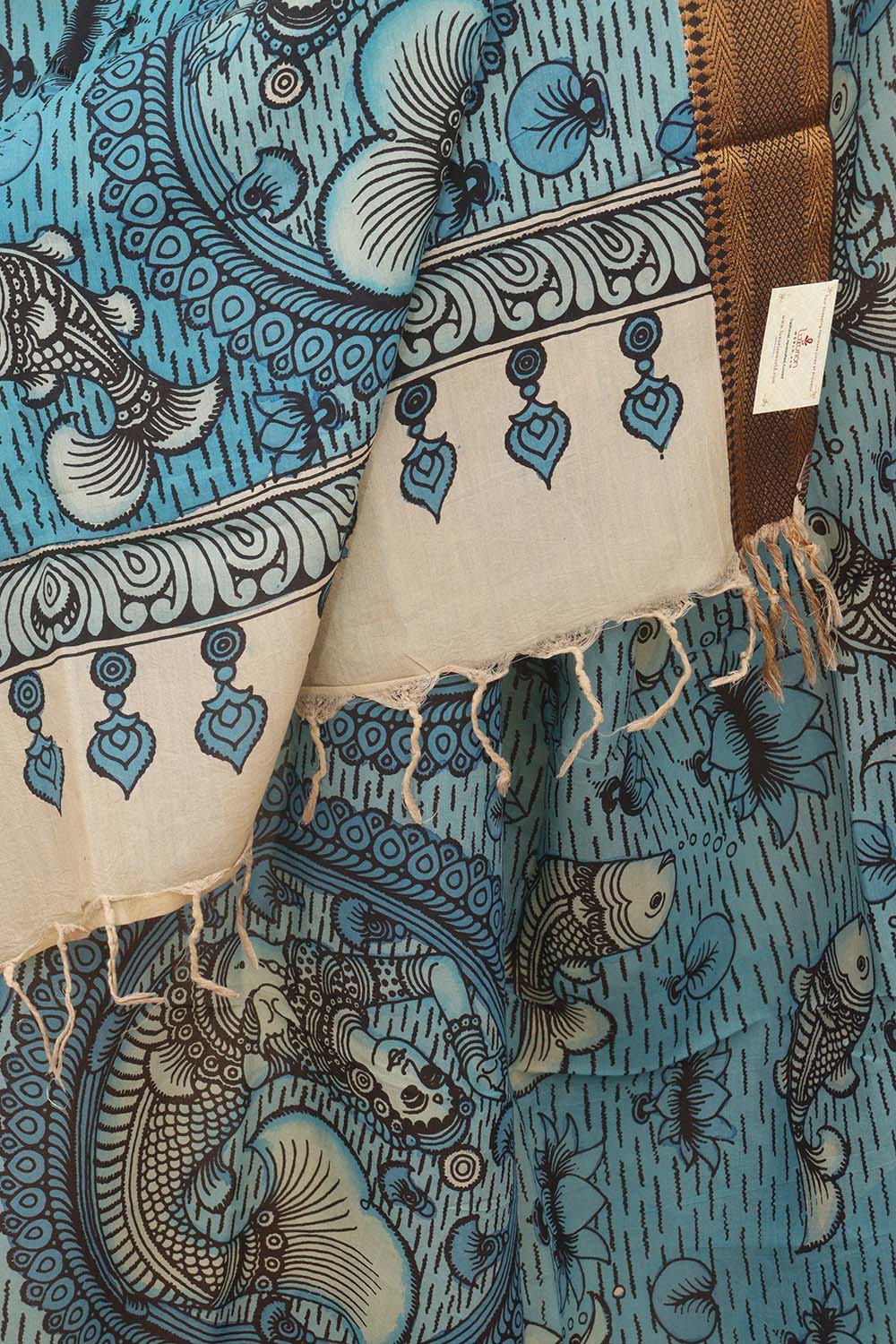 Blue Kalamkari Hand Painted Pure Bangalore Silk Dupatta - Luxurion World