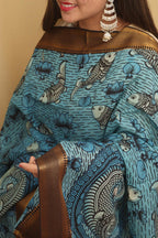 Blue Kalamkari Hand Painted Pure Bangalore Silk Dupatta - Luxurion World