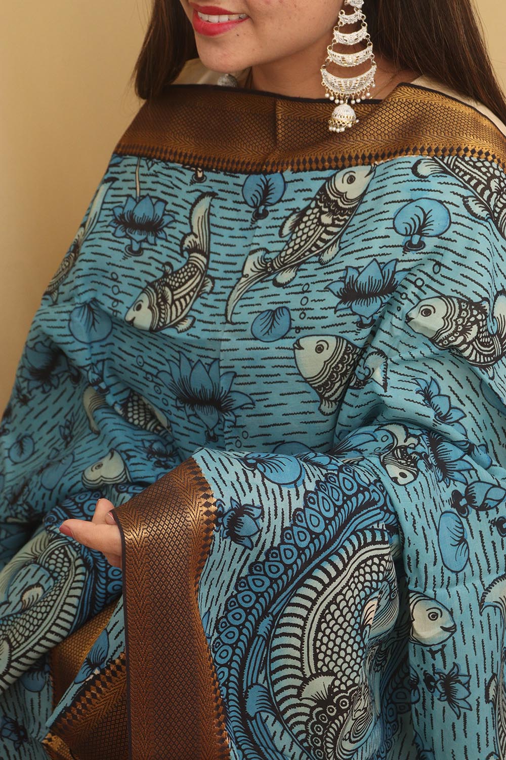 Blue Kalamkari Hand Painted Pure Bangalore Silk Dupatta - Luxurion World