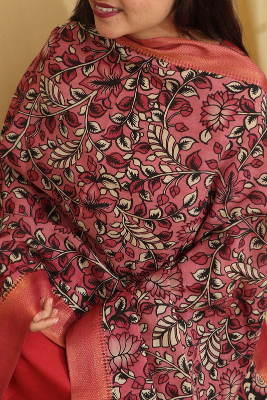 Beautiful Pink Kalamkari Hand Painted Pure Bangalore Silk Dupatta - Luxurion World