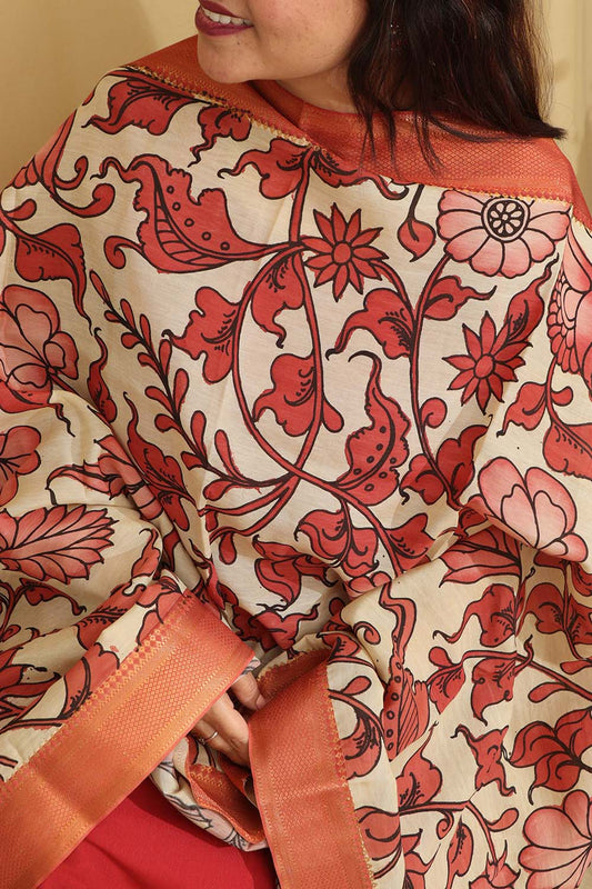 Pastel Kalamkari Hand Painted Pure Bangalore Silk Dupatta - Luxurion World