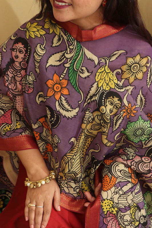Exquisite Purple Kalamkari Hand Painted Pure Bangalore Silk Dupatta - Luxurion World