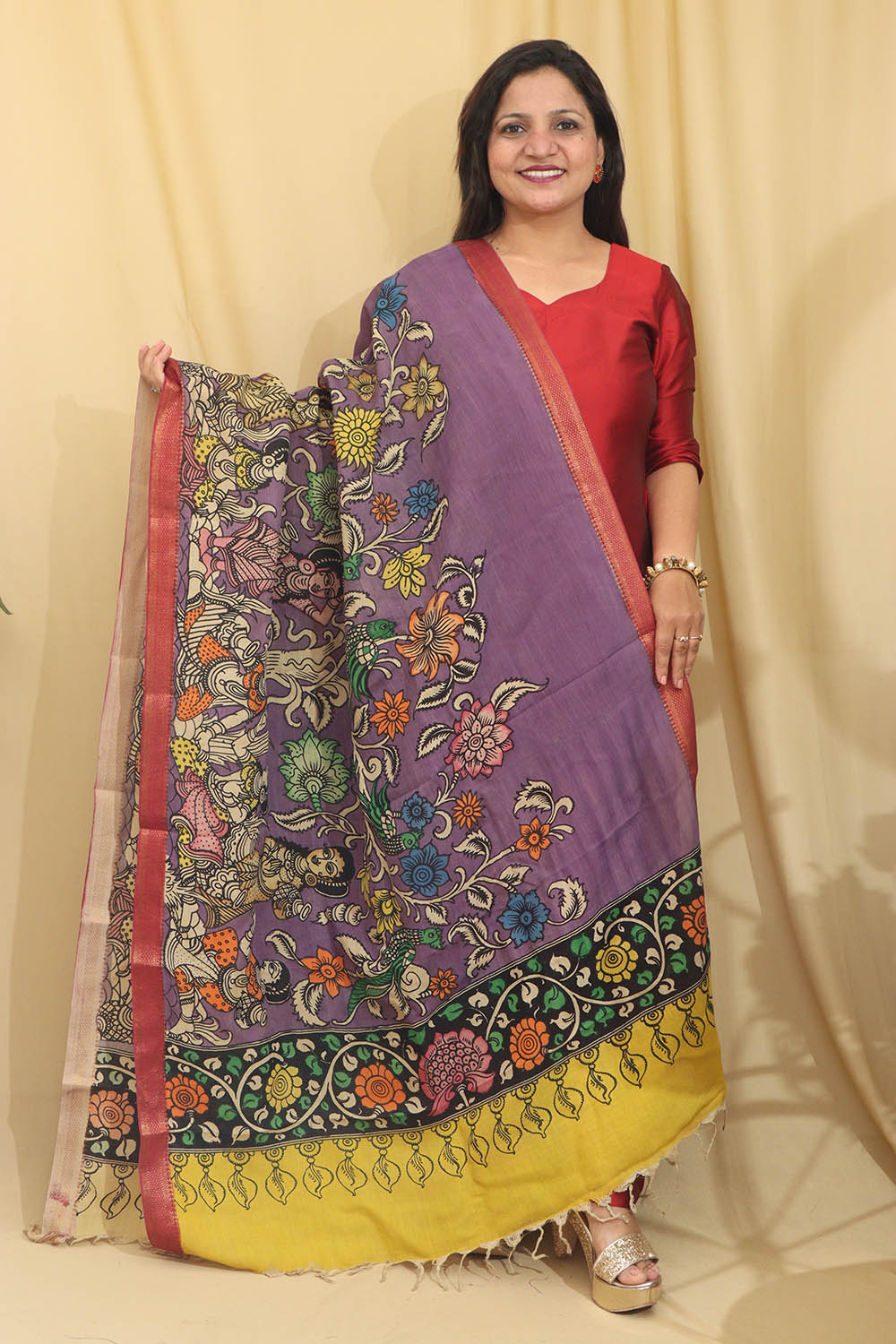 Exquisite Purple Kalamkari Hand Painted Pure Bangalore Silk Dupatta - Luxurion World