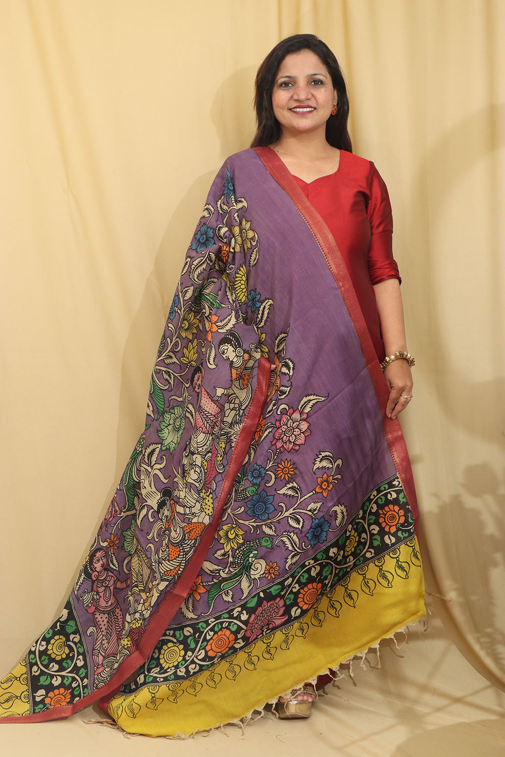 Exquisite Purple Kalamkari Hand Painted Pure Bangalore Silk Dupatta - Luxurion World
