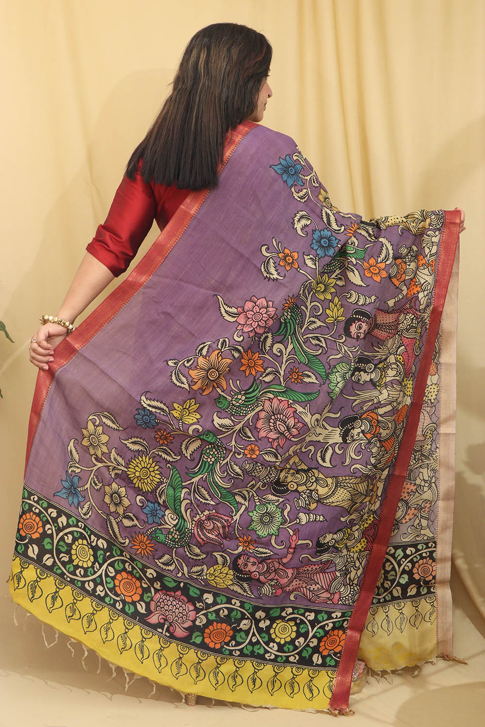 Exquisite Purple Kalamkari Hand Painted Pure Bangalore Silk Dupatta - Luxurion World