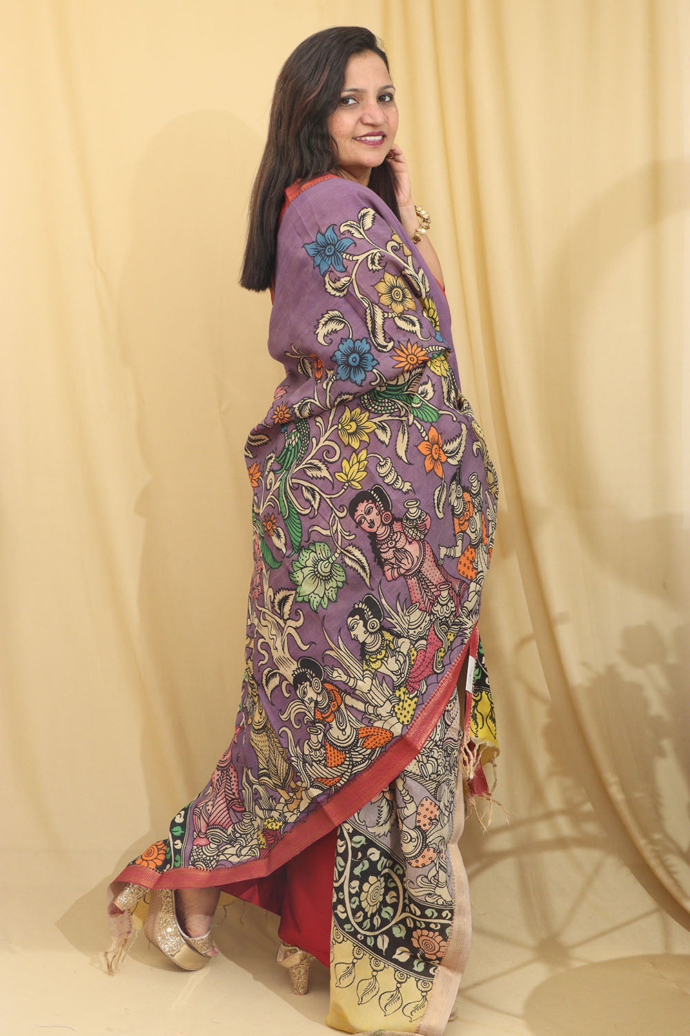 Exquisite Purple Kalamkari Hand Painted Pure Bangalore Silk Dupatta - Luxurion World
